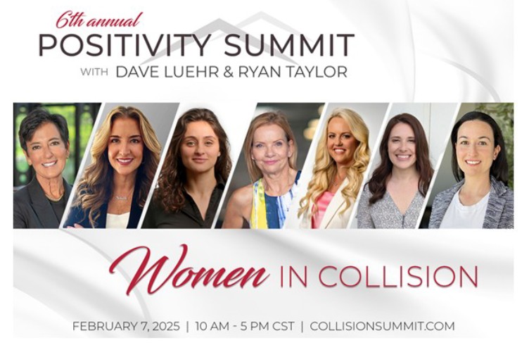 Women in Collision promotional banner for the 6th Annual Positivity Summit, featuring the 2025 Women in Collision speakers
