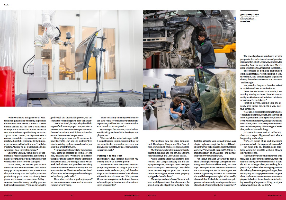 FenderBender April 2026 magazine spread showing Flower Hill Auto Body's facility and workflow