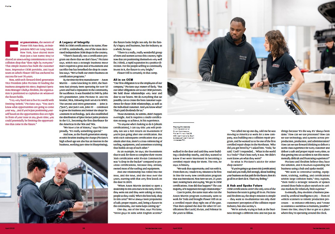 FenderBender April 2026 magazine spread profiling Flower Hill Auto Body