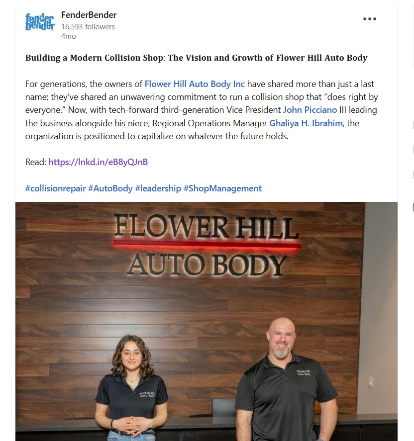 FenderBender feature announcement: Building a Modern Collision Shop, the vision and growth of Flower Hill Auto Body, naming Ghaliya H. Ibrahim as Regional Operations Manager